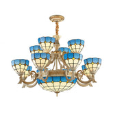 Tiffany Stained Glass Tiered Ceiling Chandelier with 15 Blue Lights - Curved Arm Hanging Light for Living Room